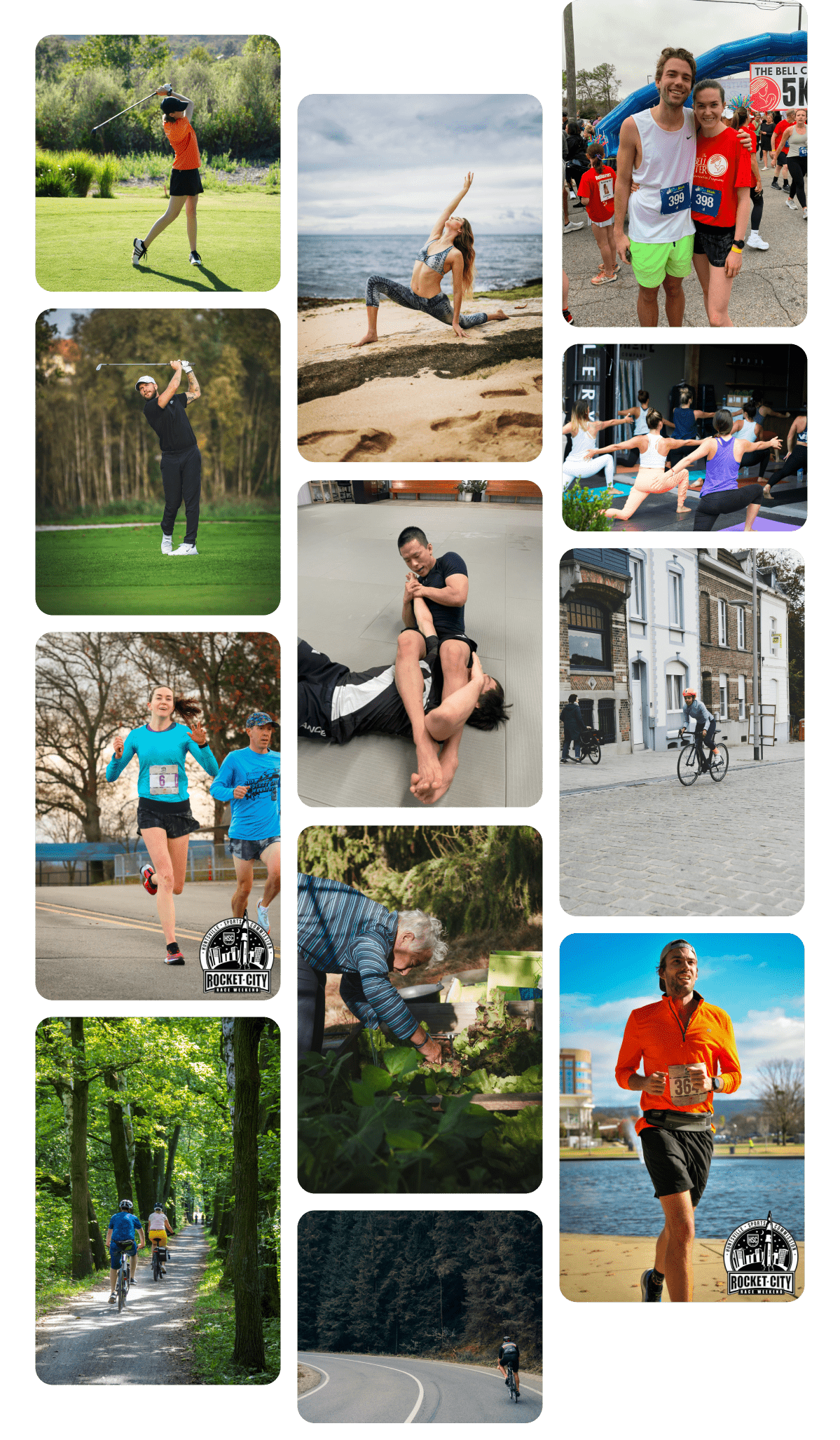 Collage of people engaging in various outdoor and indoor activities including golfing, running races, yoga by the beach, biking in a forest, martial arts training, gardening, group yoga class, and city cycling.